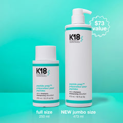 K18 Peptide Prep Detox Shampoo label closeup highlighting clean branding