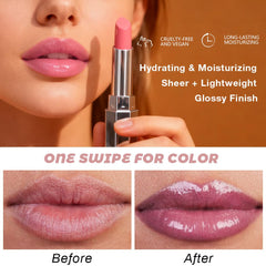 Kaely Mauve Honey Lipstick on lips shows honey glow and even gloss.