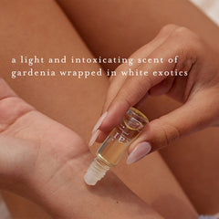 Kai perfume oil rolled-on wrist scene emphasizes subtle, uplifting gardenia aroma.