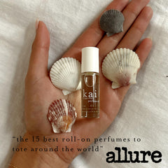 Kai perfume oil wrapped in white exotics evokes tropical, serene vibes.