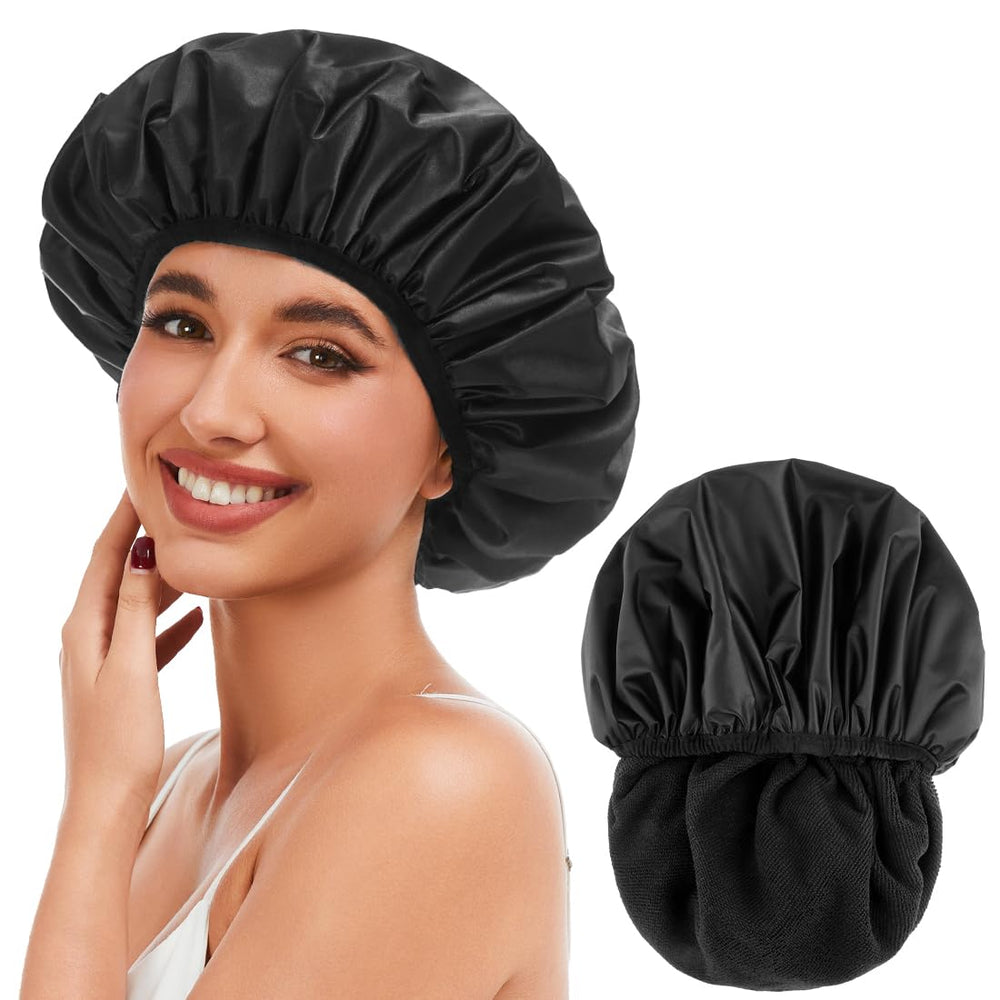 KAKURUMA shower cap with waterproof satin exterior keeps hair dry during showers.