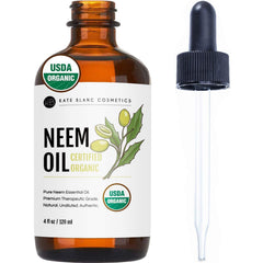 Kate Blanc Neem Oil bottle shows organic concentrate for skin, hair, and plants.