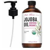 Kate Blanc Organic Jojoba Oil 16oz bottle with pump for easy daily moisturization.