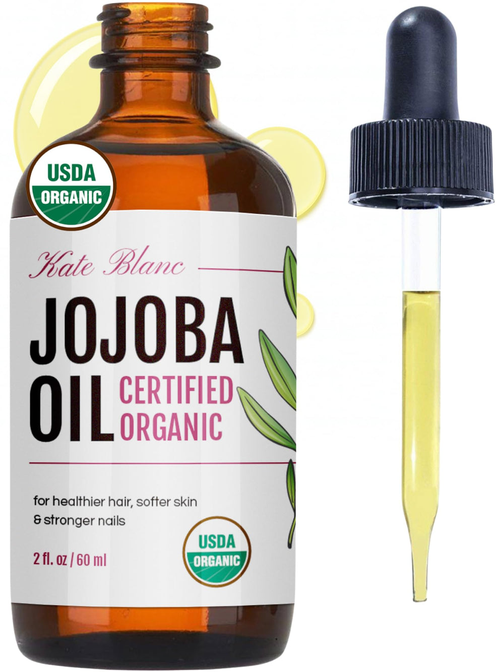 Kate Blanc Cosmetics Organic Jojoba Oil bottle for smooth, frizz-free hair.