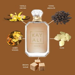 Kayali Vanilla 28 bottle angle emphasizes elegant silhouette and travel size.