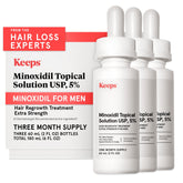 Keeps 5% Minoxidil bottle for targeted scalp application to support growth.