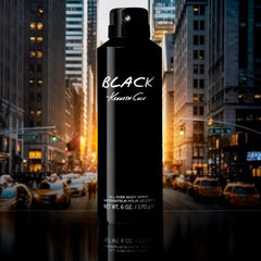 Kenneth Cole Black bottle highlighting cedar and musk base notes for lasting depth.