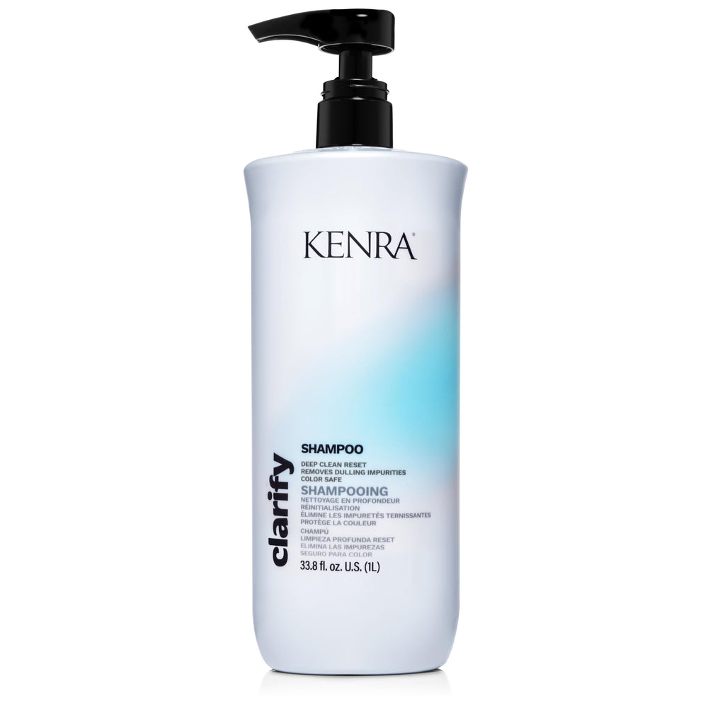 Kenra Clarify Shampoo bottle front demonstrates deep cleanse for color-safe hair with gentle purification.