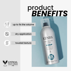 Kenra Dry Volume Burst 3 mist on hair delivers lift and volume without weight.