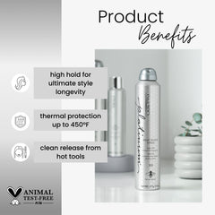 Kenra Platinum Heat Block Spray 22 ultra-fine mist being dispensed for heat protection.