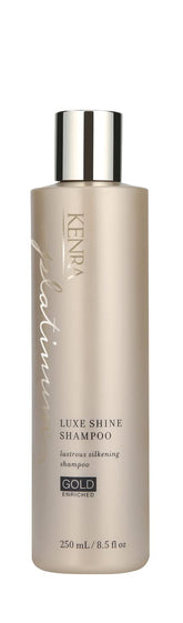 Kenra Platinum Lujo Brillo Shampoo, botella dorada, brillo profesional y suavidad diaria.