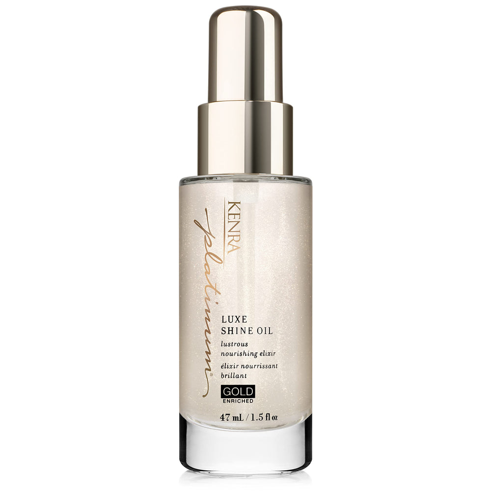 Kenra Platinum Luxe Shine Oil bottle with gold-hued elixir for radiant shine.