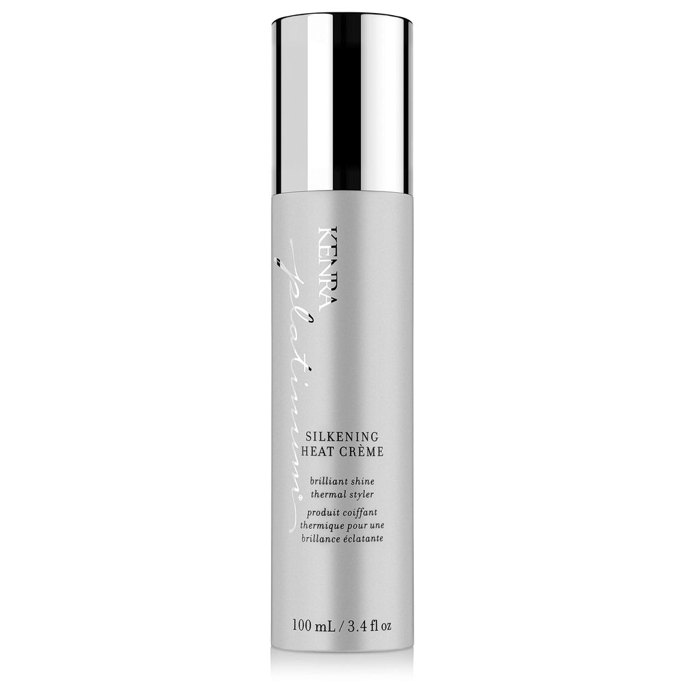 Kenra Platinum Silkening Heat Crème bottle with pump for easy application and heat protection