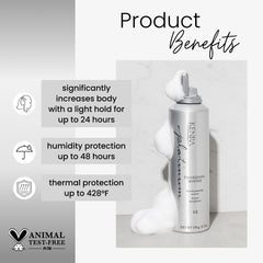 Kenra Platinum Thickening Mousse label close-up highlighting humidity protection and lightweight hold.