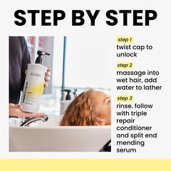 Kenra Triple Repair Shampoo packaging on shelf for everyday use.