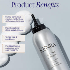 Kenra Volume Mousse 12: textura espuma para aplicación suave y control del peinado.
