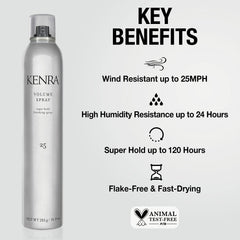 Close-up of the Kenra Volume Spray 25 nozzle releasing a fine mist for even application.
