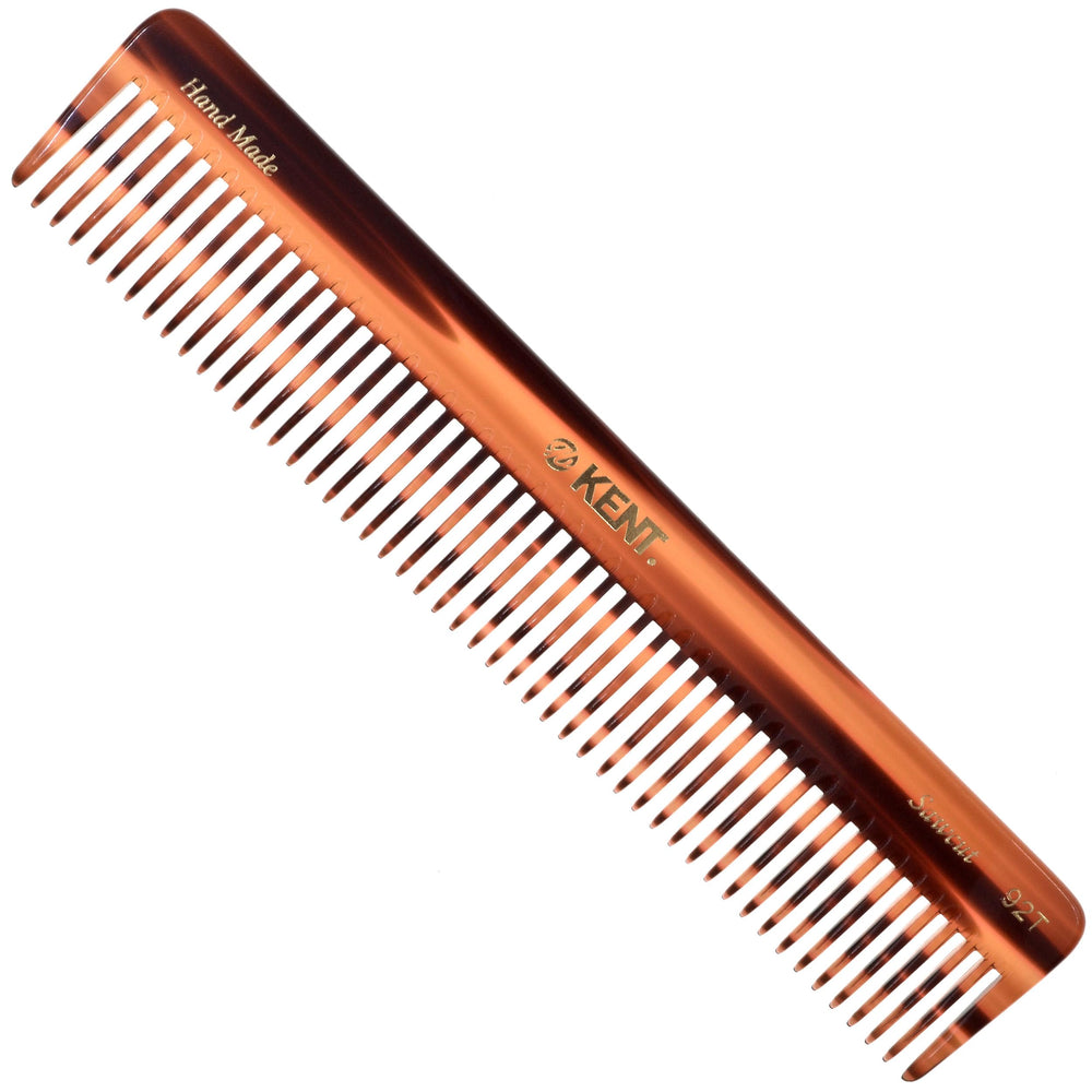 Kent 92T tortoise wide tooth detangler close-up for snag-free detangling.