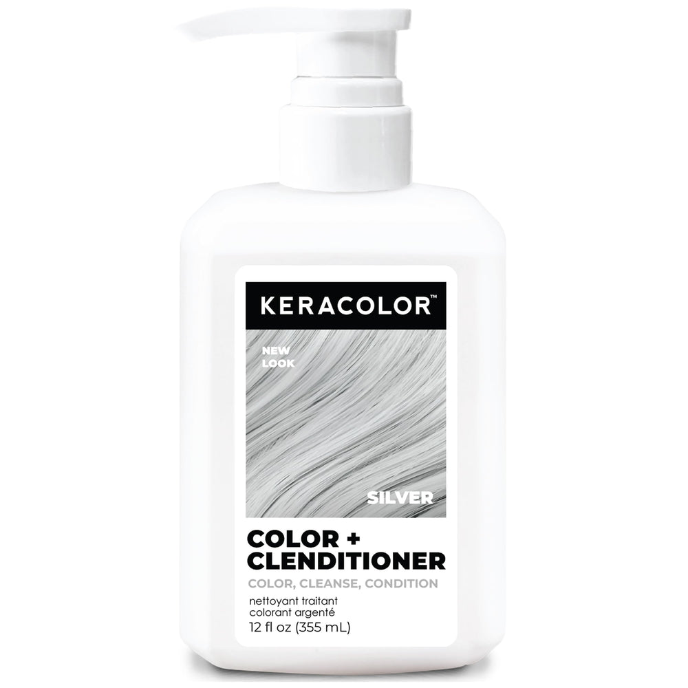 KERACOLOR Clenditioner silver bottle showing color deposit and shine.