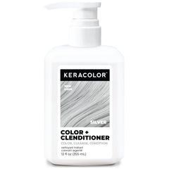 KERACOLOR Clenditioner silver bottle showing color deposit and shine.