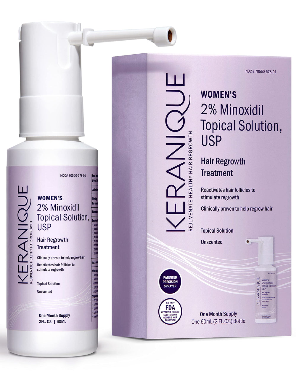 Keranique hair regrowth treatment bottle with precision sprayer for targeted application