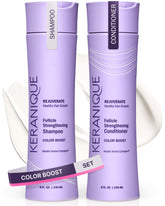 Keranique Rejuvenate Color Boost Shampoo bottle promoting color longevity and gentle cleansing.