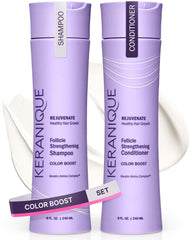 Keranique Rejuvenate Color Boost Shampoo bottle promoting color longevity and gentle cleansing.