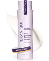 Keranique volume bottle pour demonstrates easy application for added fullness.