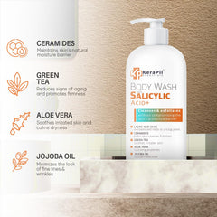 KERAPIL Ducha exfoliante, textura cremosa visible, exfoliación suave para piel áspera.