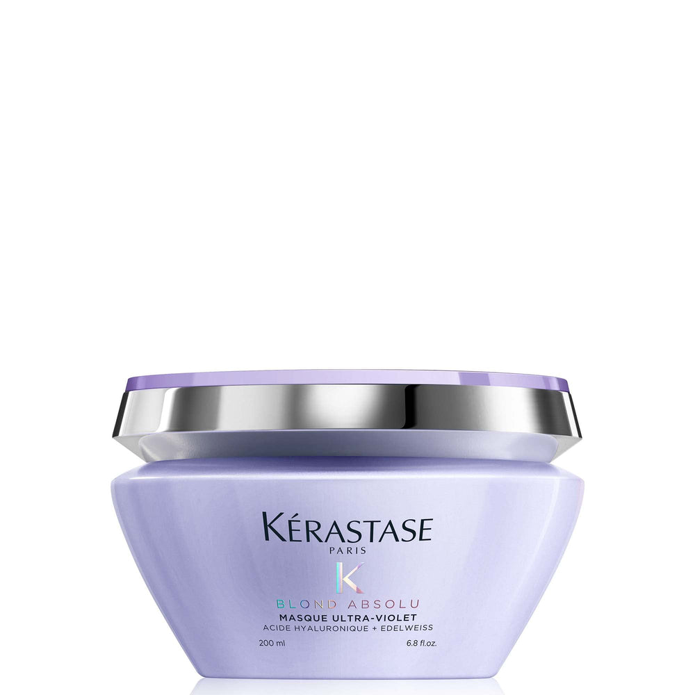 KÉRASTASE Blond Absolu Mascarilla Violeta en envase, neutraliza tonos amarillos para rubios fríos.