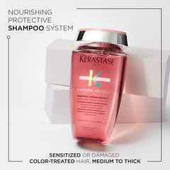 Pouring Kerastase Chroma Absolu shampoo into hand for gentle cleansing