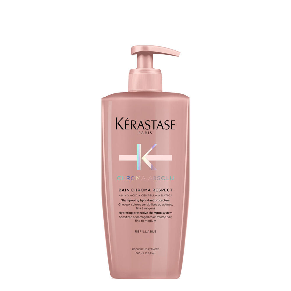 KÉRASTASE Chroma Absolute Shampoo bottle on a counter, color protection for treated hair.