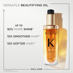 Kerastase Elixir Ultime amber glass bottle emphasizes premium look and shine potential.