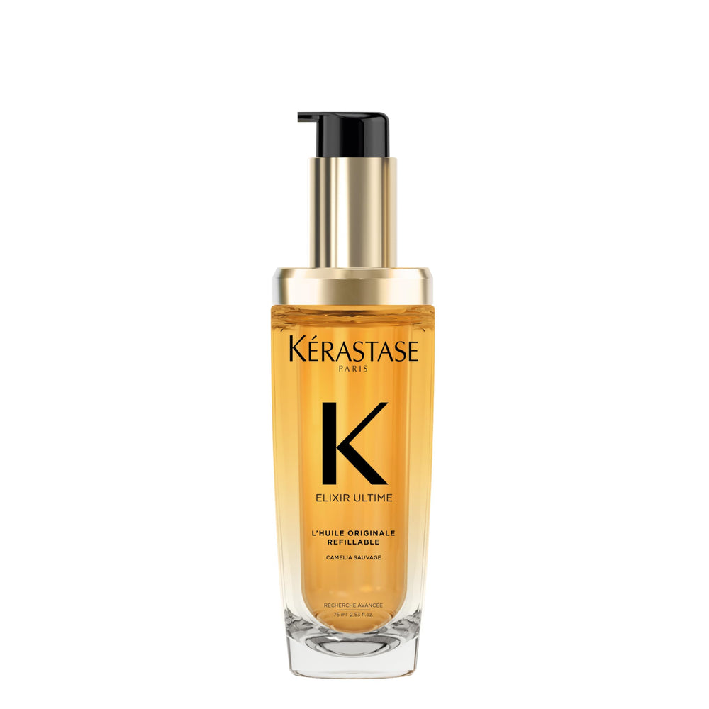 Kerastase Elixir Ultime bottle refill showcases sustainable packaging and shine benefits.
