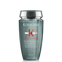 Kerastase Genesis Homme Bain De Force shampoo bottle closeup with cooling cleansing sensation