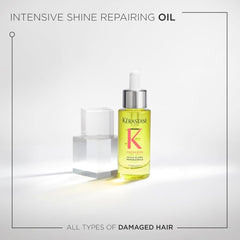KÉRASTASE Première Repairing Gloss Oil pour shows even distribution on damp hair.