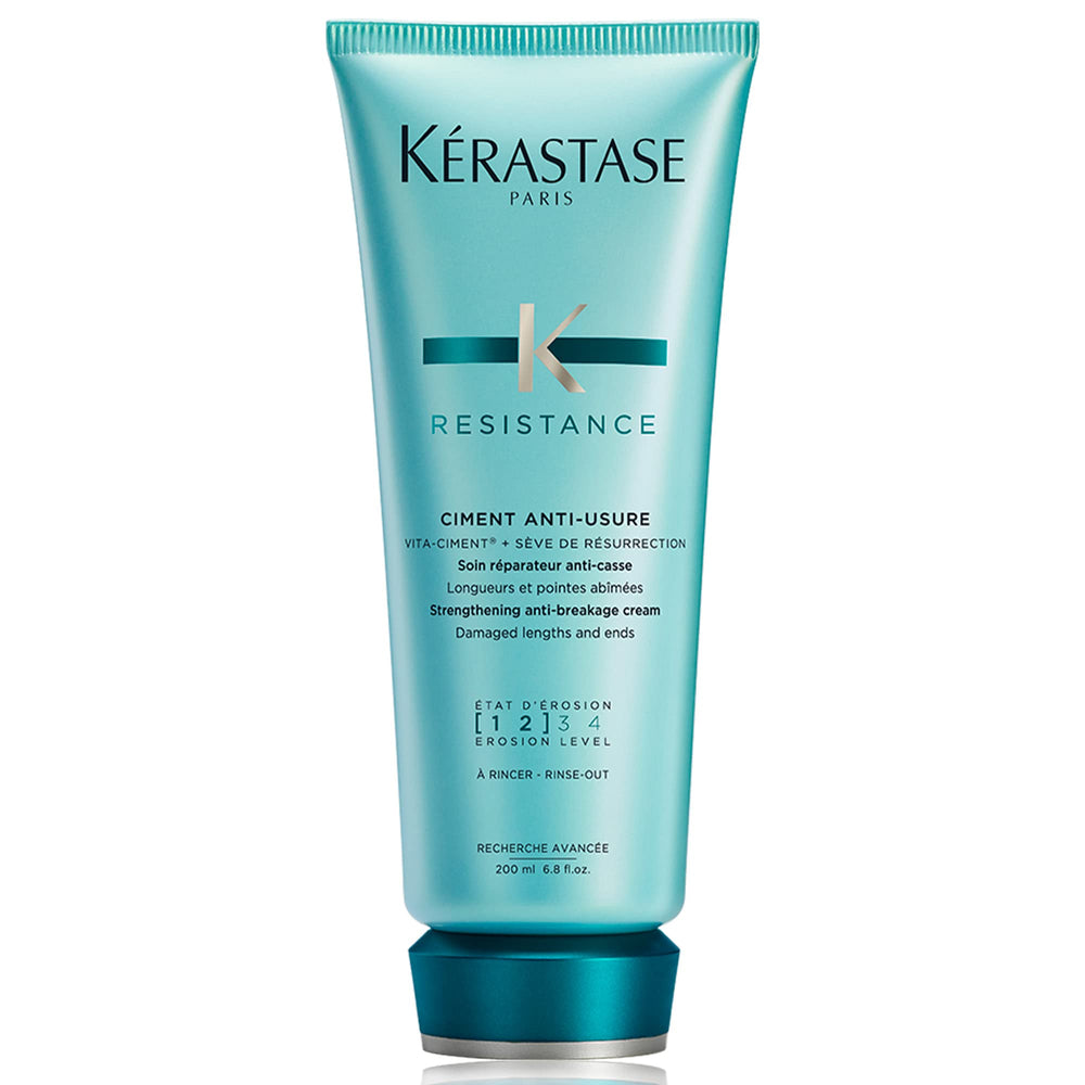 Kérastase Resistance Ciment Anti-Usure bottle ready for smoothing and strengthening hair.