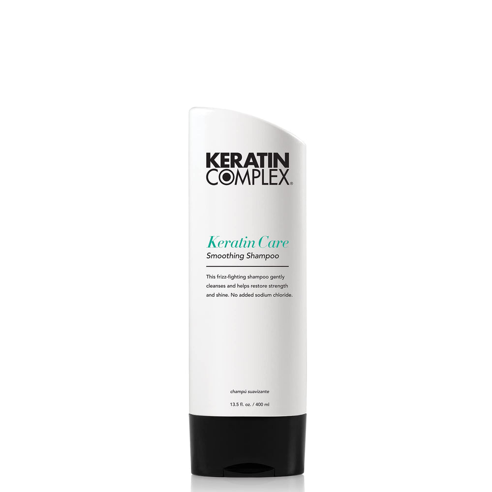 Keratin Complex Keratin Care Smoothing Shampoo bottle showing frizz control and shine