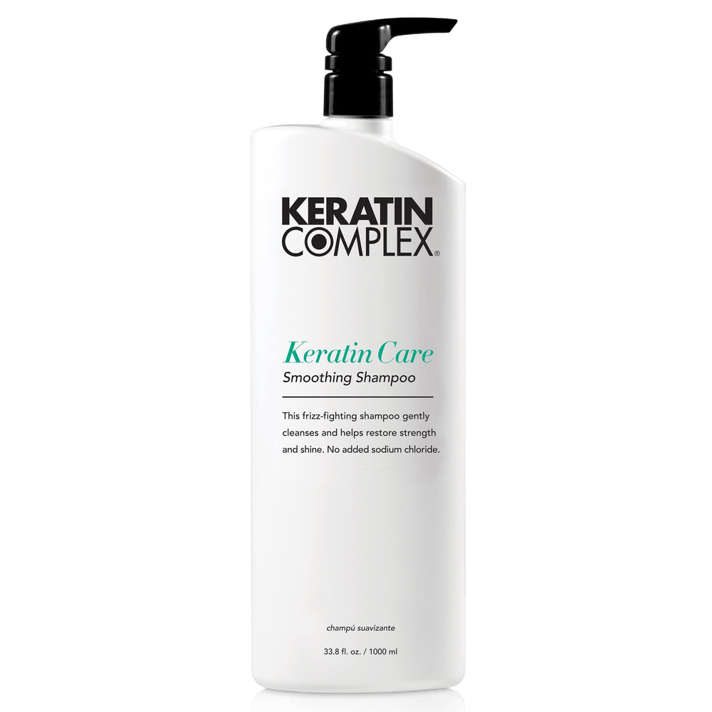 Keratin Complex Keratin Care Smoothing Shampoo bottle showing frizz-control formula for smooth hair