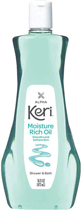 Keri aceite hidratante para ducha en botella frontal, ofrece hidratación continua para la piel.