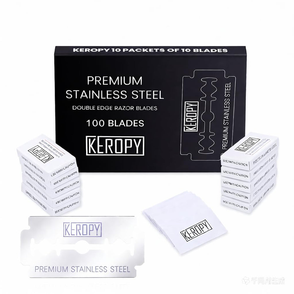 Keropy 100 safety razor blades in box front, premium sharpness for a clean shave.