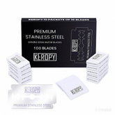Keropy 100 safety razor blades in box front, premium sharpness for a clean shave.