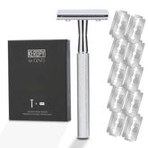 Keropy single blade safety razor handle with a glossy silver finish for a smooth shave.