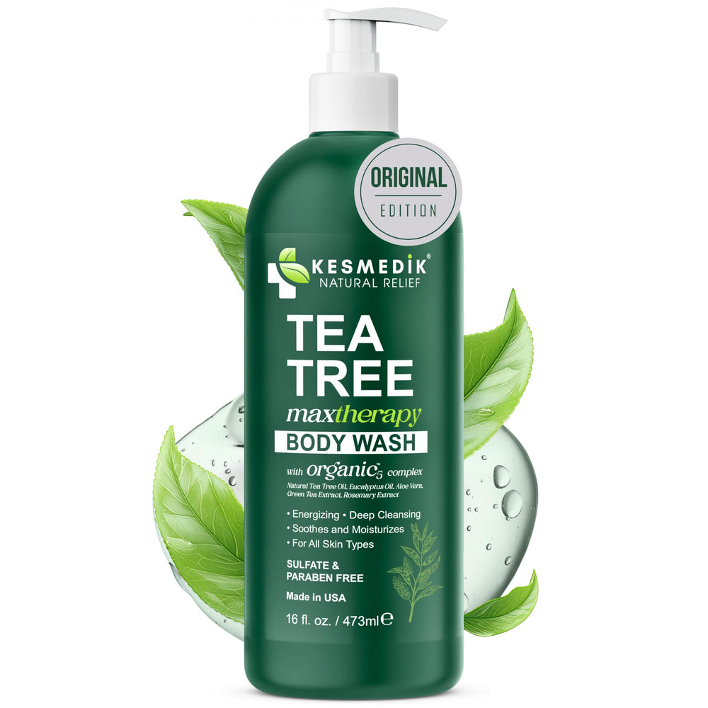 KESMEDIK Jabón corporal con árbol de té, botella visible, limpieza suave para piel sensible
