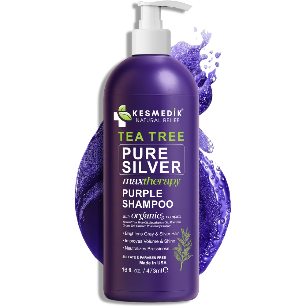 KESMEDIK Shampoo Púrpura de Árbol de Té: botella destacando tono púrpura y neutralización de amarillos.