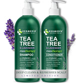 KESMEDIK Tea Tree Lavender Shampoo bottle highlights refreshing cleansing for oily scalp.