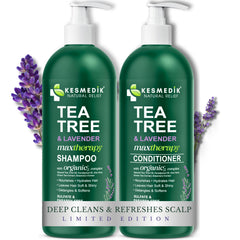 KESMEDIK Tea Tree Lavender Shampoo bottle highlights refreshing cleansing for oily scalp.