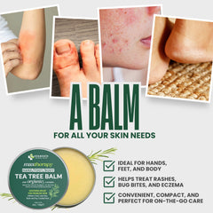 KESMEDIK Tea Tree Oil Balm applied on skin suggests itch relief.