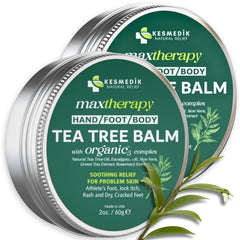 KESMEDIK Tea Tree Oil Balm label shows natural ingredients for soothing skin.