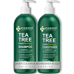 KESMEDIK Tea Tree Oil Shampoo bottle close-up for scalp refreshment